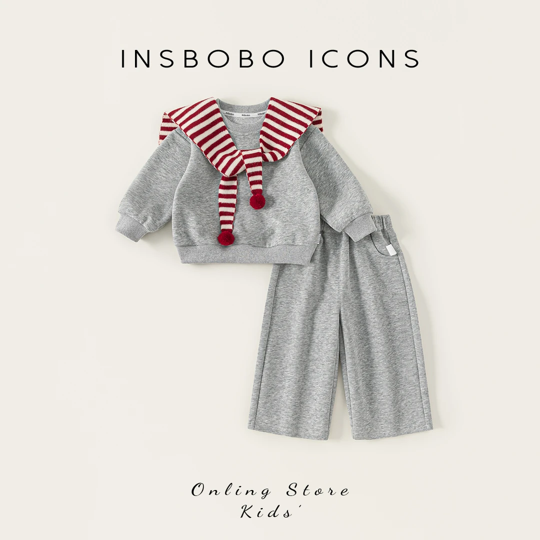 INSbobo儿童套装简约圆领卫衣简约直筒卫裤红条纹披肩潮QT25368A