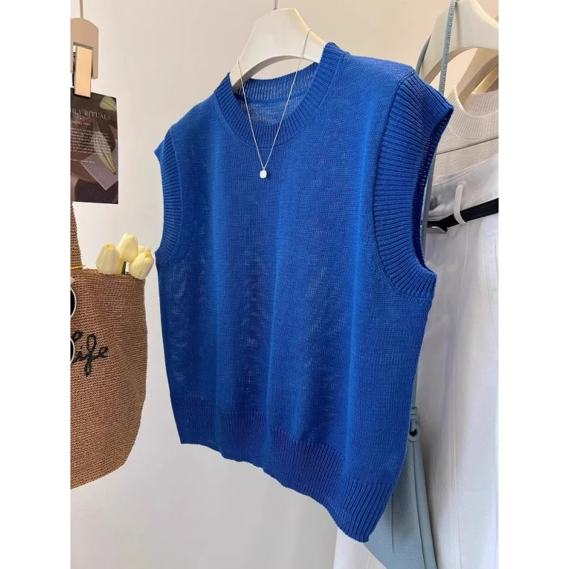 克莱因蓝无袖针织衫T恤女夏季新款时尚韩系圆领上衣独特漂亮小衫
