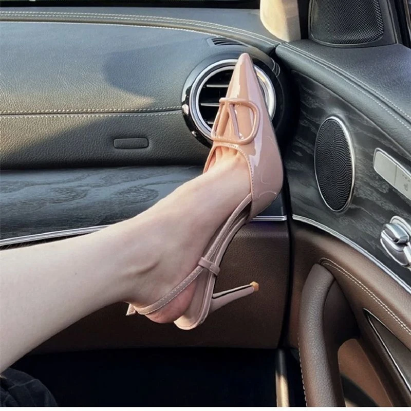 性感软皮高跟鞋2025春夏新款细跟尖头鞋浅口单鞋一字带中空女凉鞋