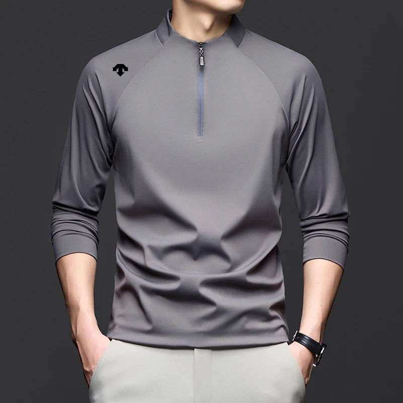 【商场同款】迪桑家秋季长袖运动T恤时尚速干纯色拉链立领打底上衣