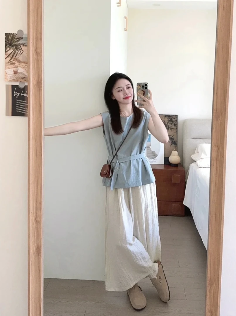 大方得体穿搭一整套2025夏季新款无袖收腰上衣阔腿裤洋气两件套女