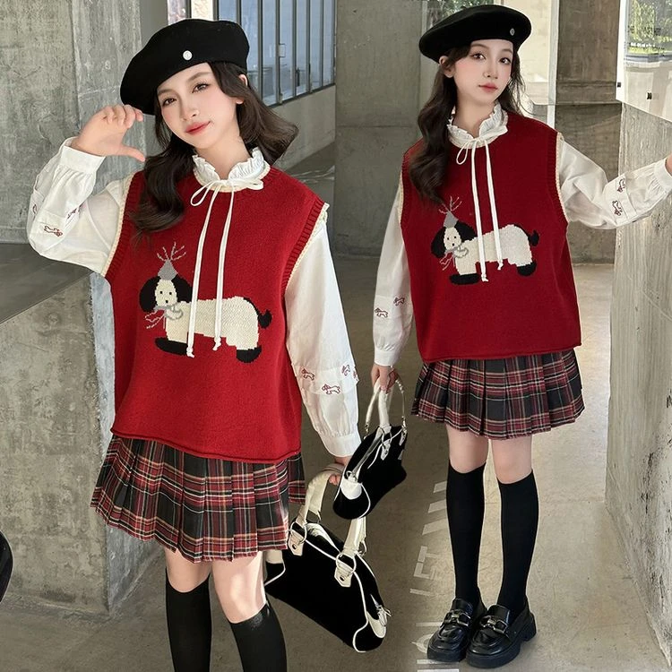 女童套装韩版刺绣中大儿童2025春款新款刺绣学院风针织马甲三件套