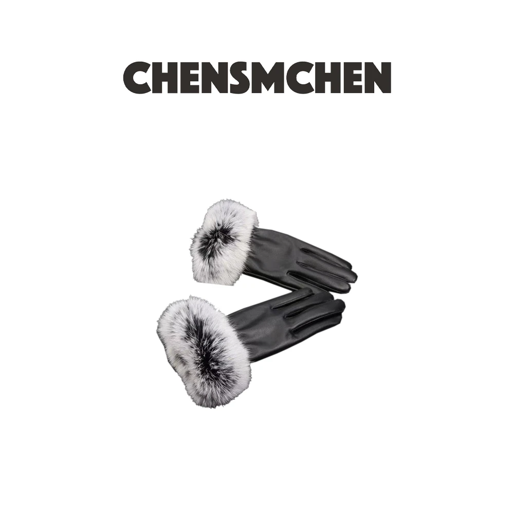 CHENSMCHEN 高档时尚中长款真皮兔毛保暖气质手套