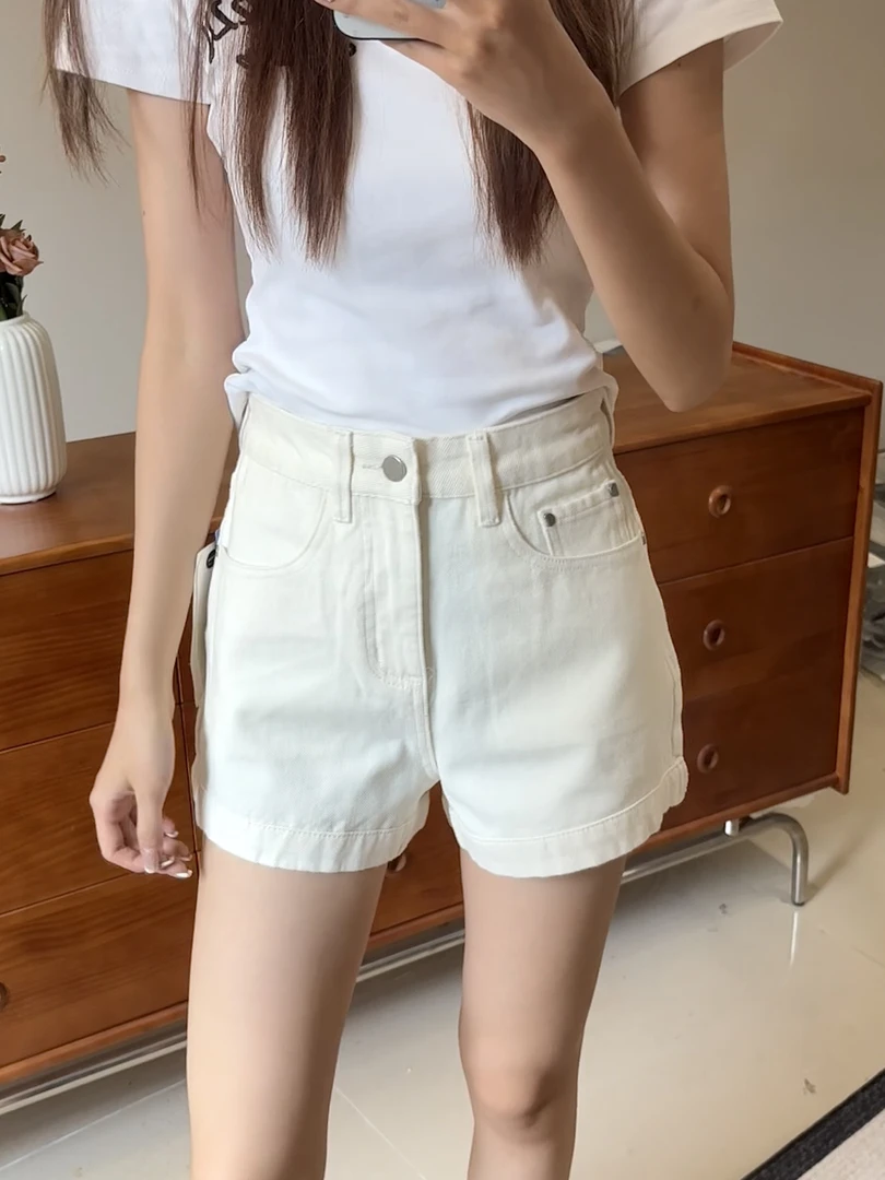 【67336】直面弹夏季高腰直面微弹力短裤白色柔软舒适百搭