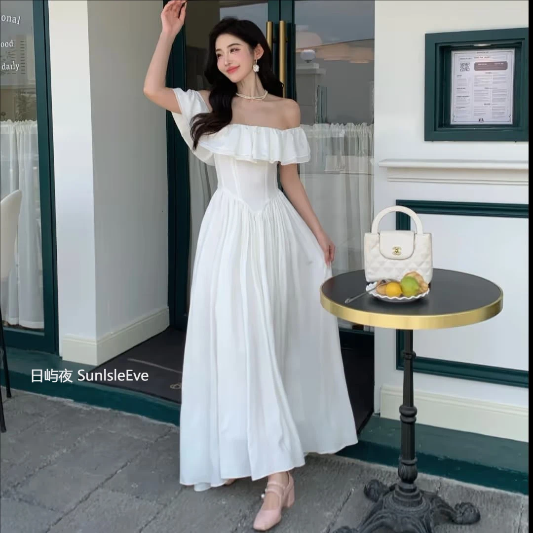 【日屿夜】 白色气质荷叶边显瘦飞飞袖a字裙连衣裙长裙女夏