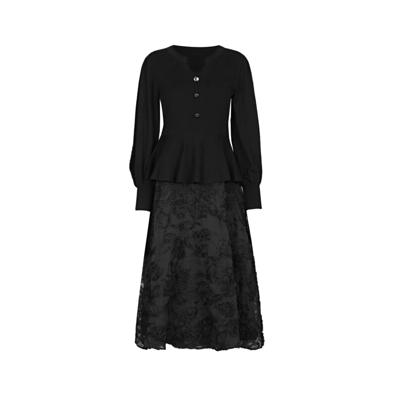 圣迪奥秋冬设计师针织蕾丝黑色连衣裙S244Z1401