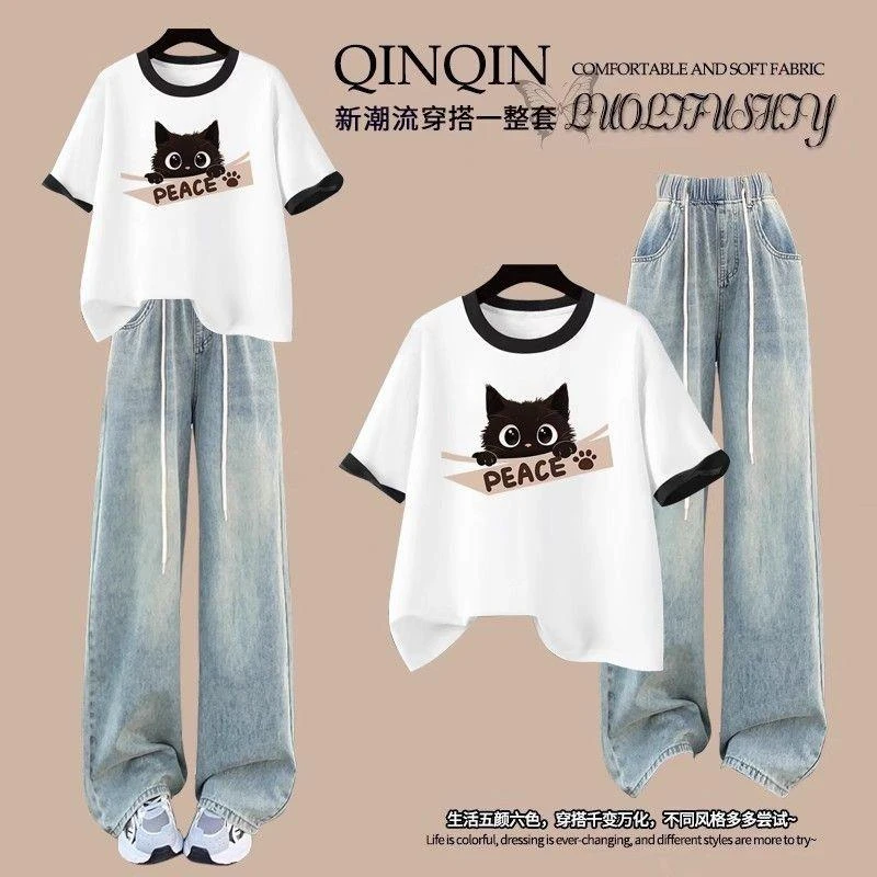初高中生运动套装女夏季新款外穿一整套宽松撞色棉短袖T恤+牛仔裤