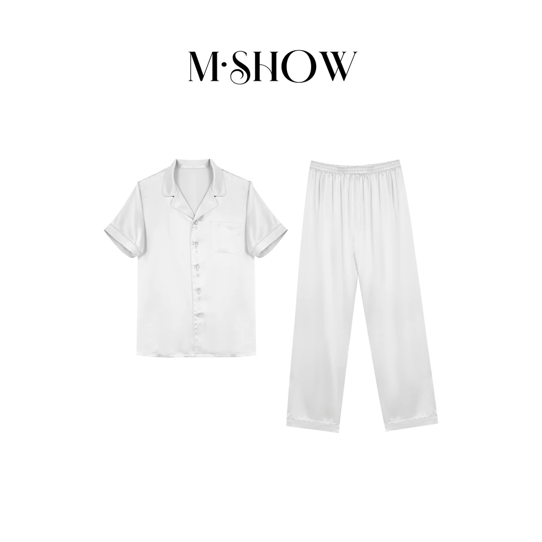 【墨秀丝绸】100%桑蚕丝22姆米素绉缎男士真丝睡衣套装575S