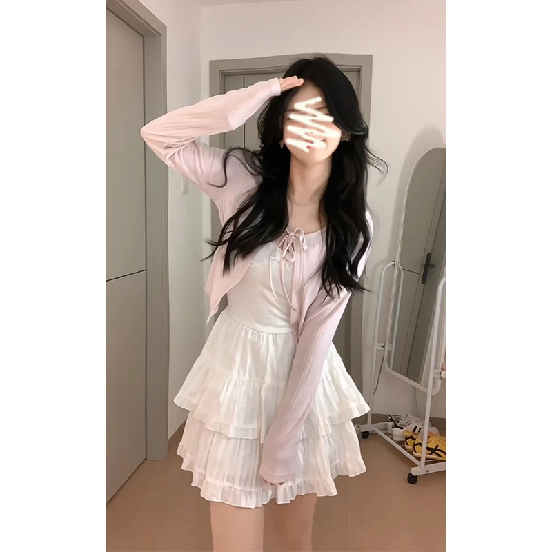 2025夏季新款女韩系穿搭短款防晒针织开衫气质收腰花边吊带连衣裙