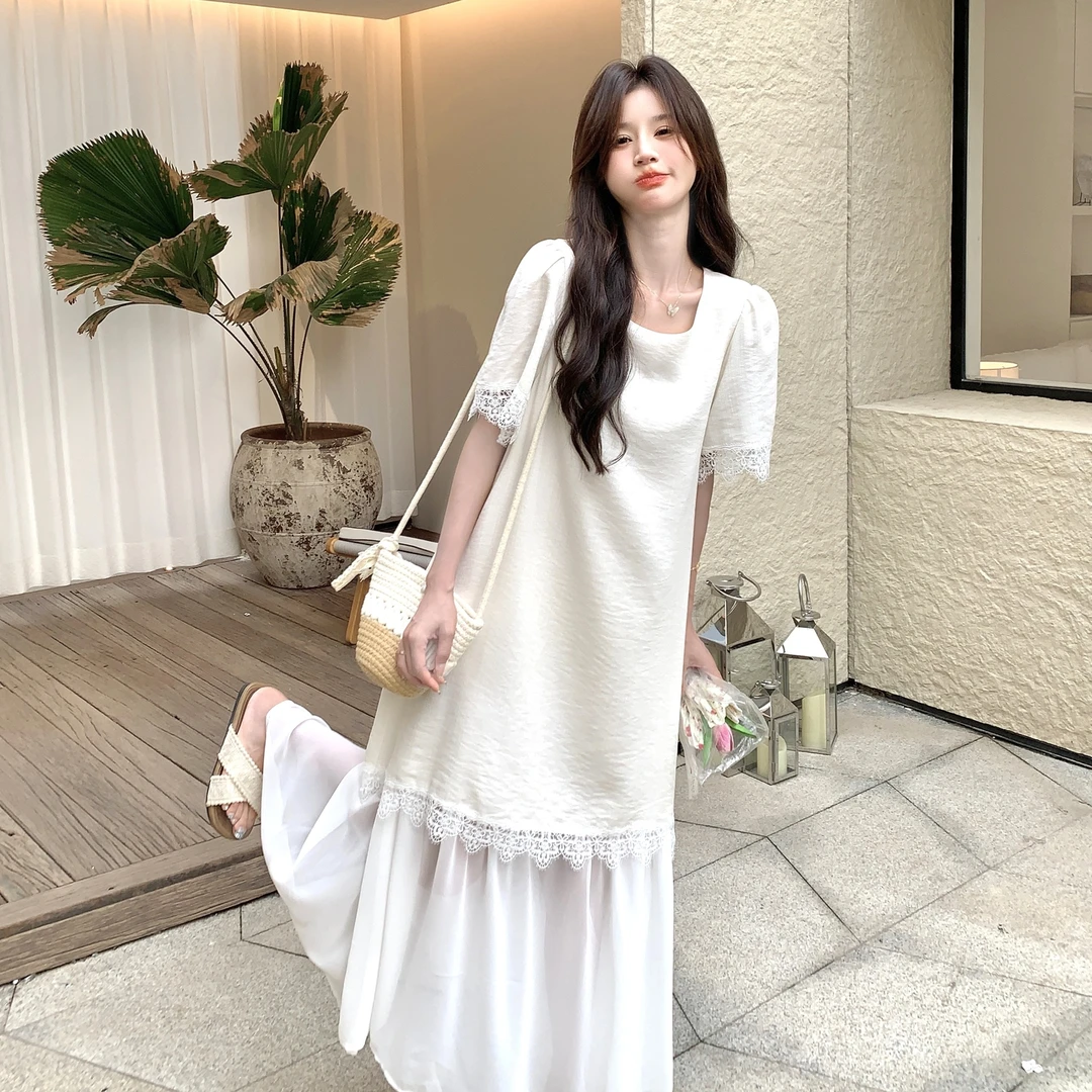 蕾丝法式中长款连衣裙宽松显瘦夏季气质甜美拼接白色时尚小众裙子