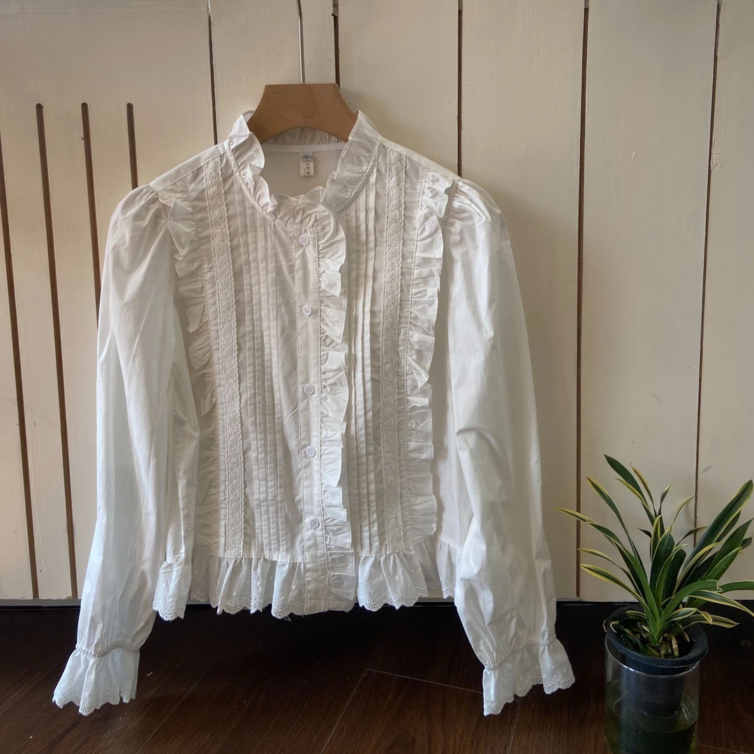 3644号#8063#春新款韩系花边拼接长袖衬衣G4-42