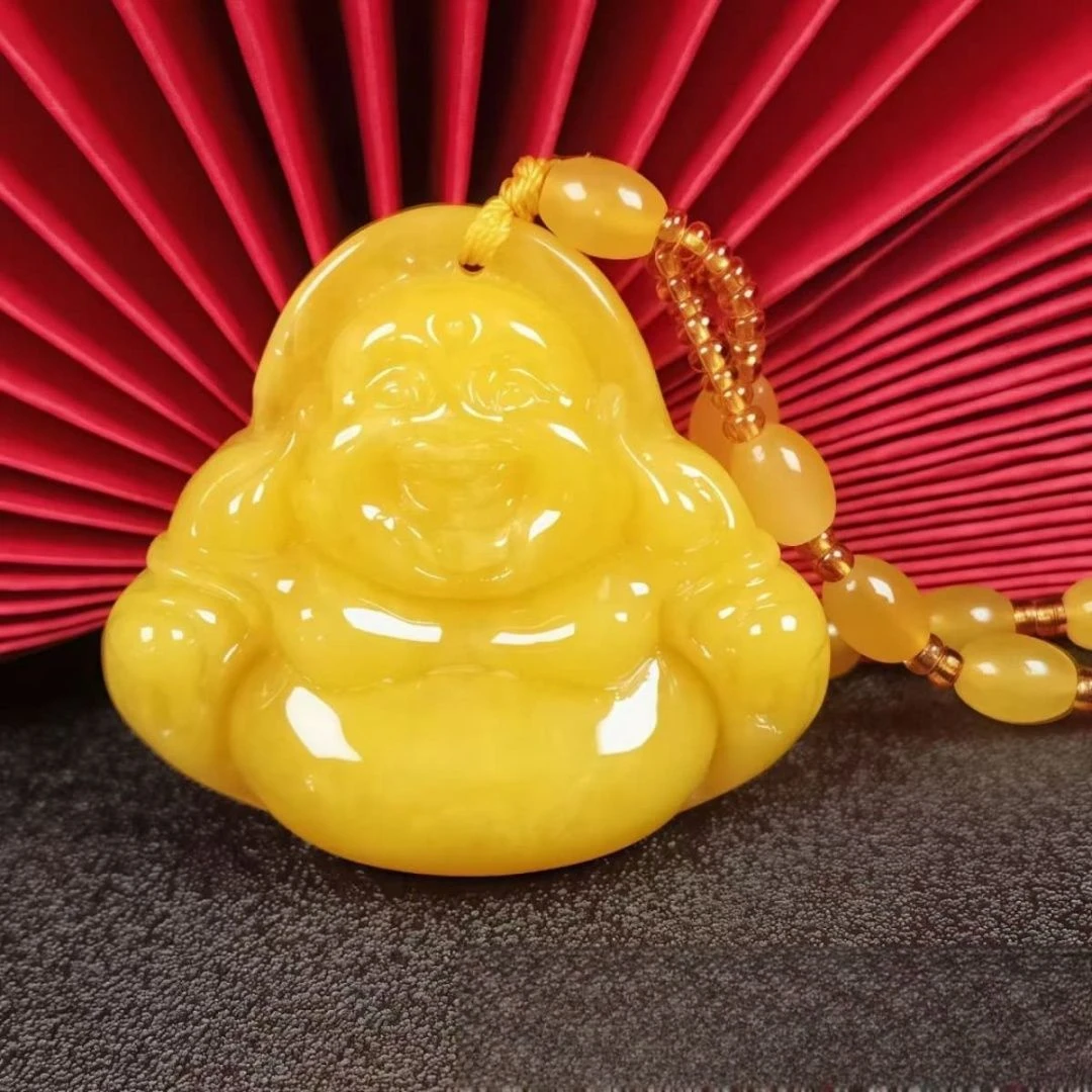 非金属树脂吊坠 仿蜜蜡吊坠黄色仿蜜蜡弥勒佛坠男女款毛衣链项链