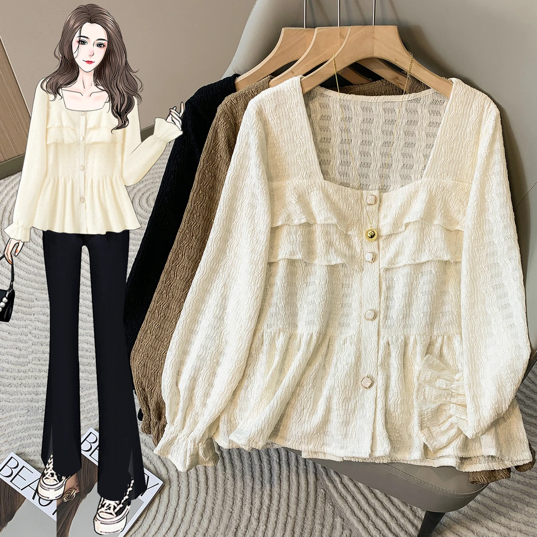 LXM大码女装 胸102-122 方领露锁骨喇叭袖单排扣衬衫66548#