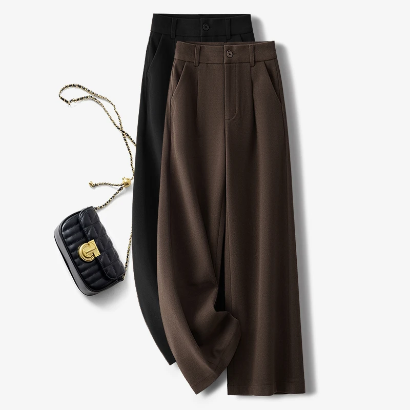 高端时尚咖色毛呢阔腿裤女秋冬新款显瘦垂感慵懒风九分休闲直筒裤