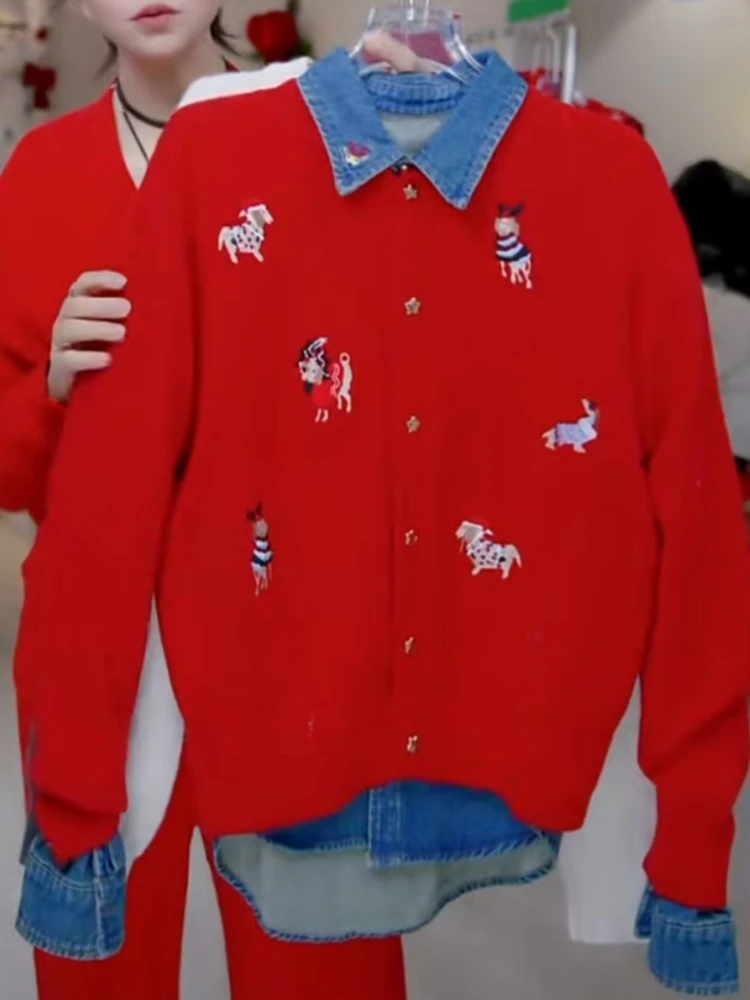 【济州岛】卡通刺绣 圆领针织开衫