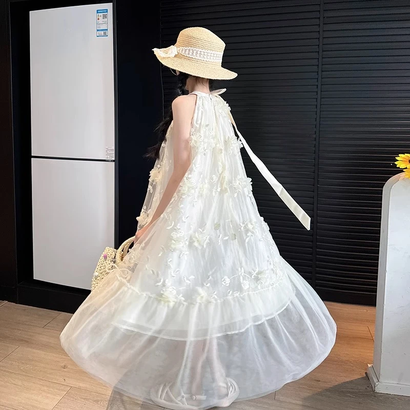 女童富家千金感裙子夏季连衣裙2025新款女大童洋气白色公主吊带裙