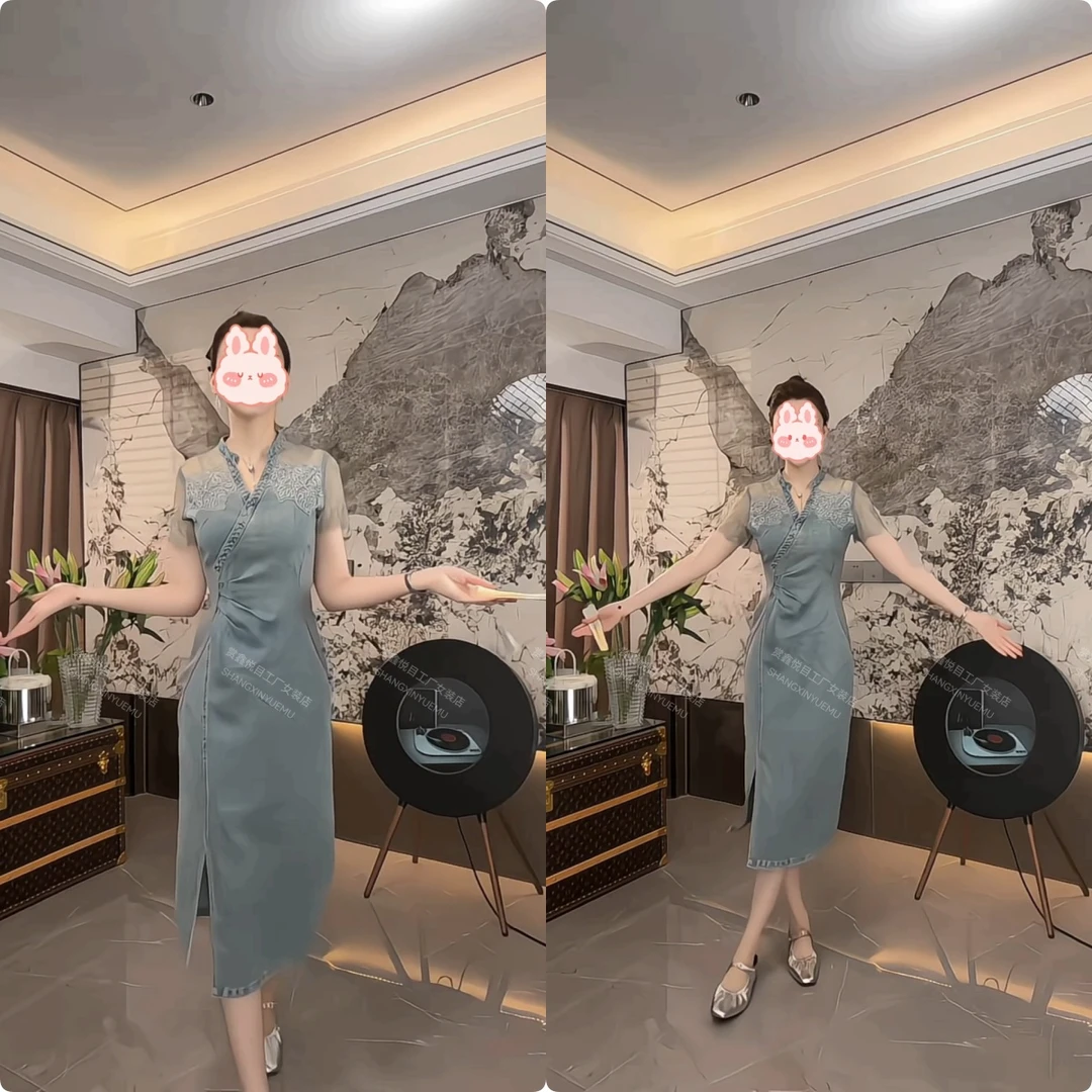 韩版蕾丝拼接收腰褶皱牛仔连衣裙女2025年夏季新款东方艺术气质裙