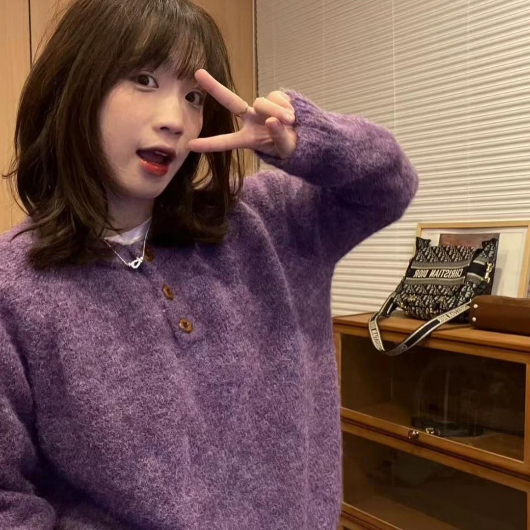 紫色简约套头百搭风常规款针织毛针织衫百搭