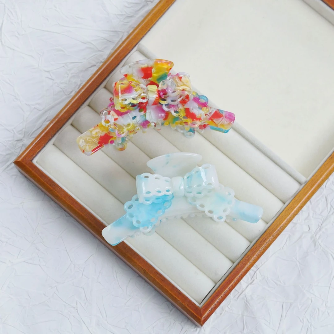 网红款爆款复古港风时尚女发夹清新手工气质蓝色可爱甜美百搭抓夹