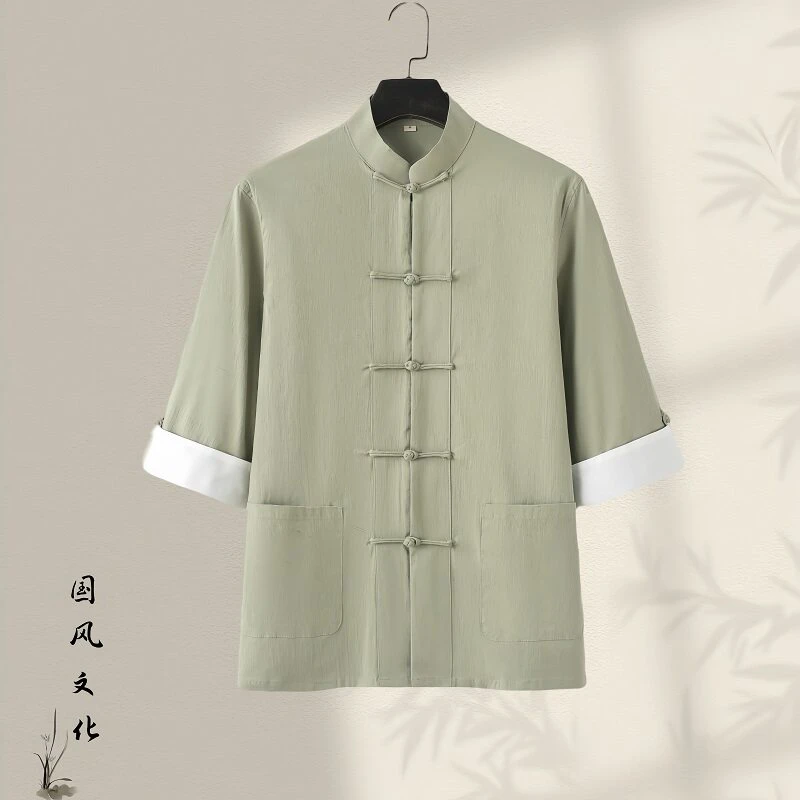 唐装中国风夏季男士七分袖棉麻衬衫民族风宽松立领盘扣茶服居士服