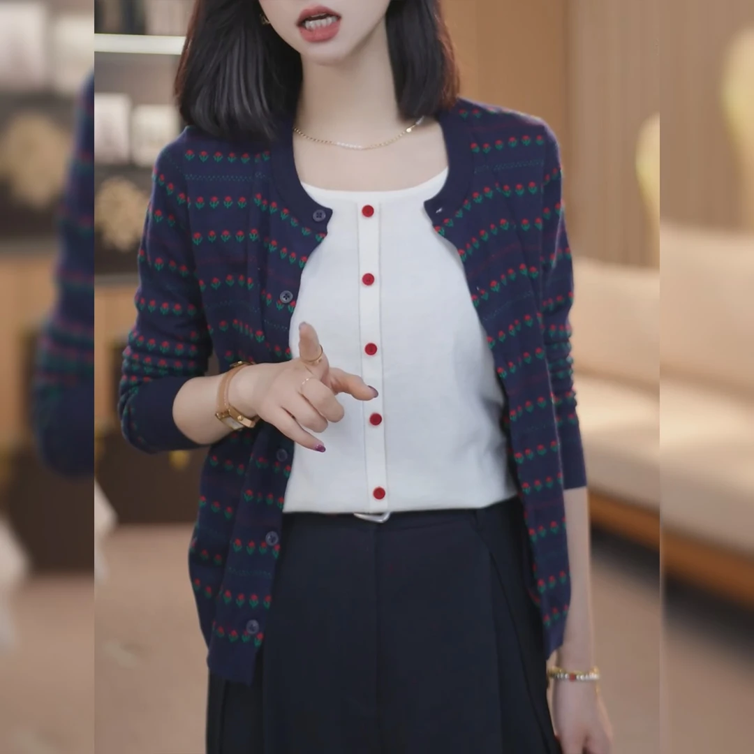 藏青色提花假两件长袖针织衫女秋季叠穿内搭2025新款修身百搭上衣