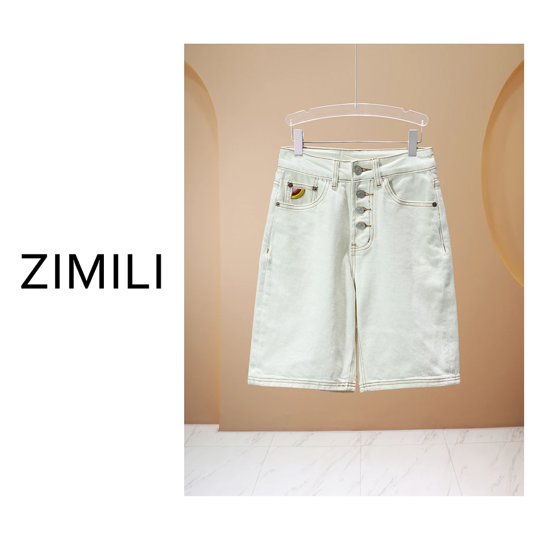 【LIANG哥女装】2025欧版轻薄透气亲肤米白色5分阔腿牛仔短裤2921