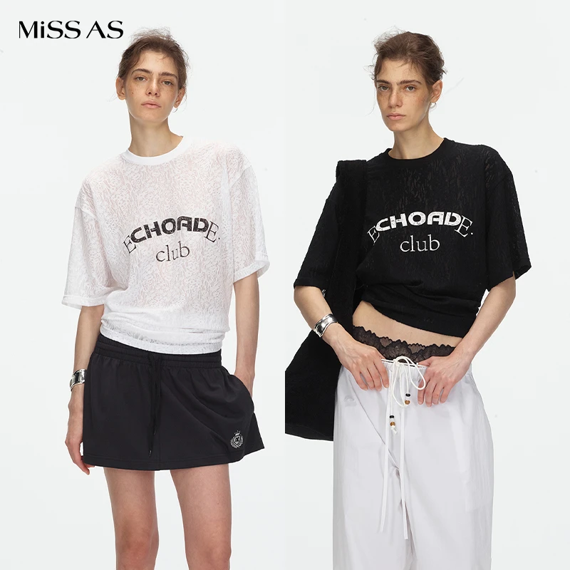 【ECHOADE】小众时尚百搭网纱提花小圆领印花短袖T恤上衣25潮牌新款