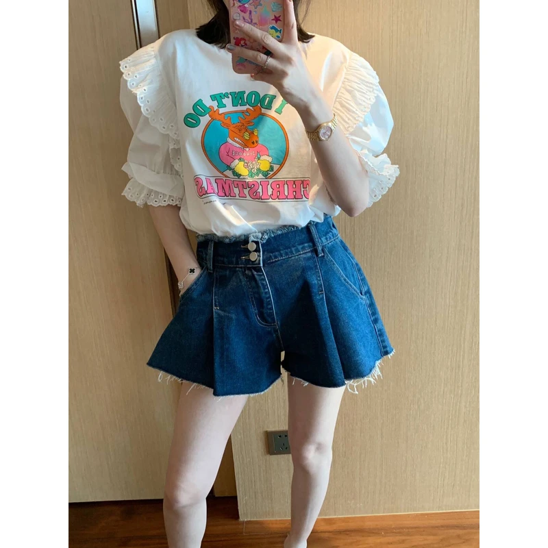 【张静芝】彩字母卡通拼花边泡泡袖T恤