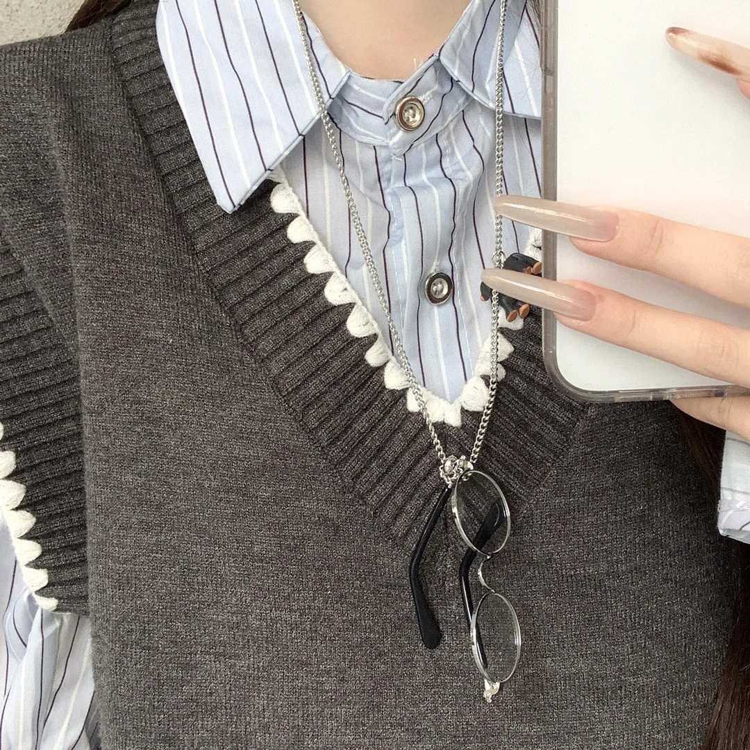 铜合金项链 复古小众个性时尚创意设计小狗眼镜吊坠项链毛衣链