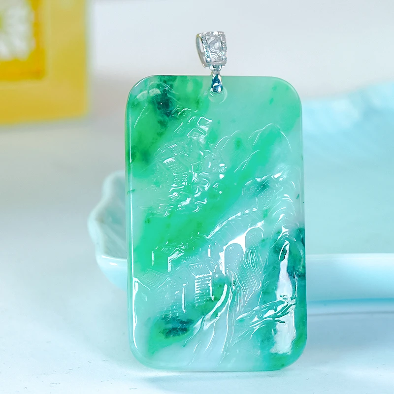 18K金镶玉天然飘花翡翠A货大气雕刻设计山水牌单吊坠父亲节（男款）