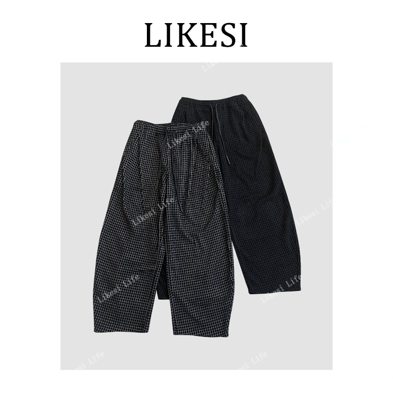 LIKESI CHECKED PANTS阔版复古绒感格纹裤立体剪裁百搭阔腿裤8276