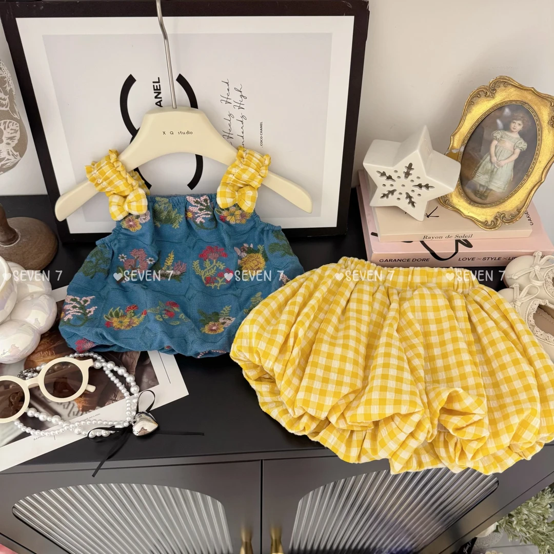 女童2025夏季新款洋气刺绣背心+花苞短裤套装C23170