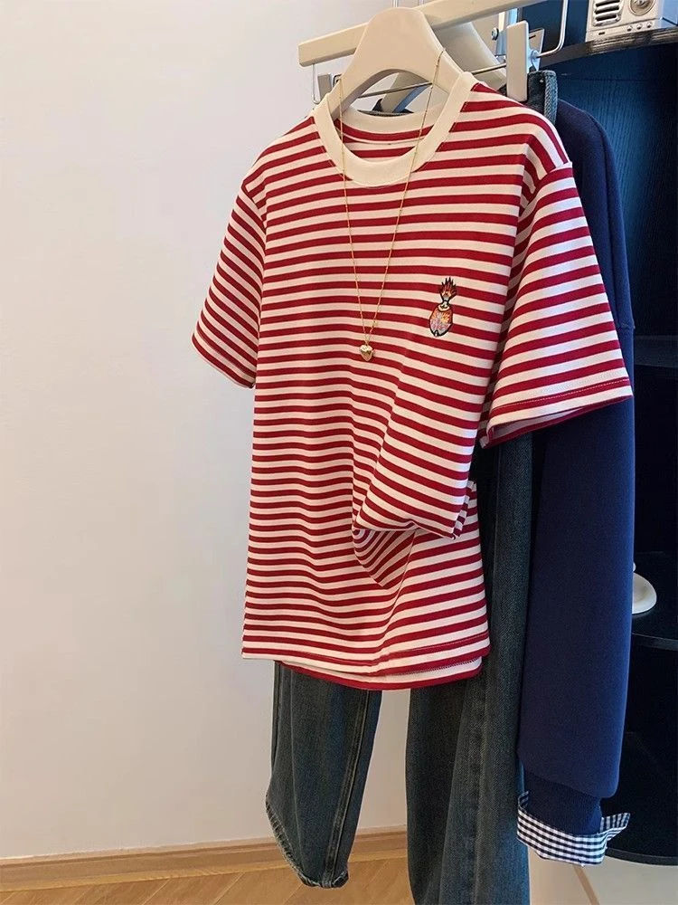 复古洋气撞色条纹卡通刺绣正肩半袖t恤上衣休闲v领出游服装女士