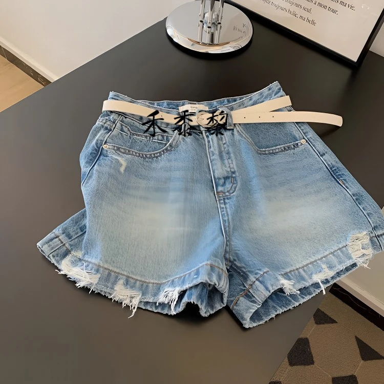 新款蓝色磨破牛仔短裤设计显瘦裤子百搭辣妹慵懒牛仔裤夏季