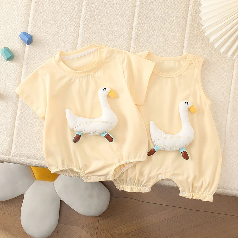 婴儿夏季新款宝宝超萌立体玩偶甜美时尚小鸭包屁衣信封短哈连体衣