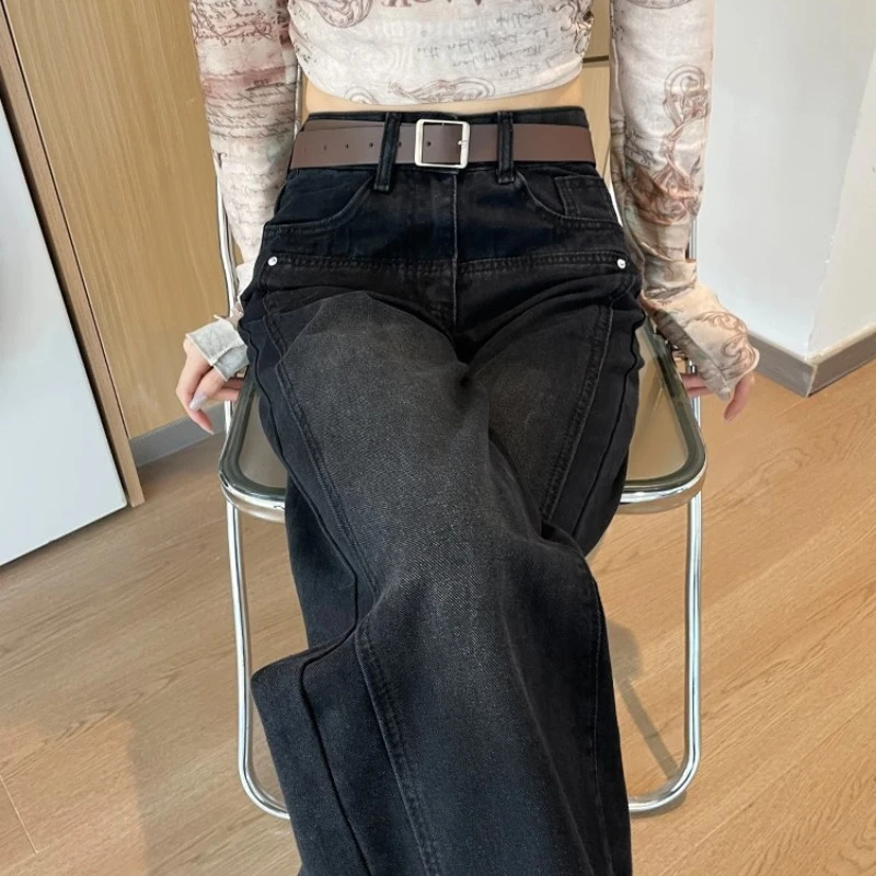 黑灰色阔腿牛仔裤女潮流百搭新款高腰显瘦收腰宽松美式复古窄版直