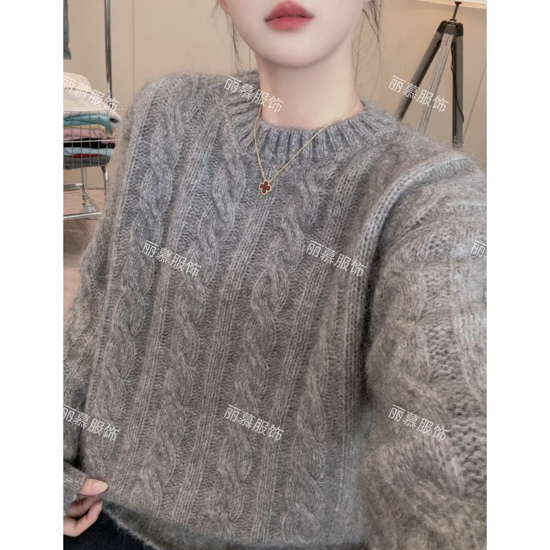 【灰绒绒的拥抱】慵懒麻花软糯保暖百搭洋气加厚针织套头毛衣2161