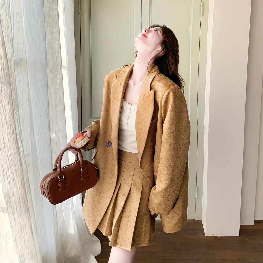 韩系卡其色复古气质西装套装裙女2025秋季新款学院风百褶裙两件套