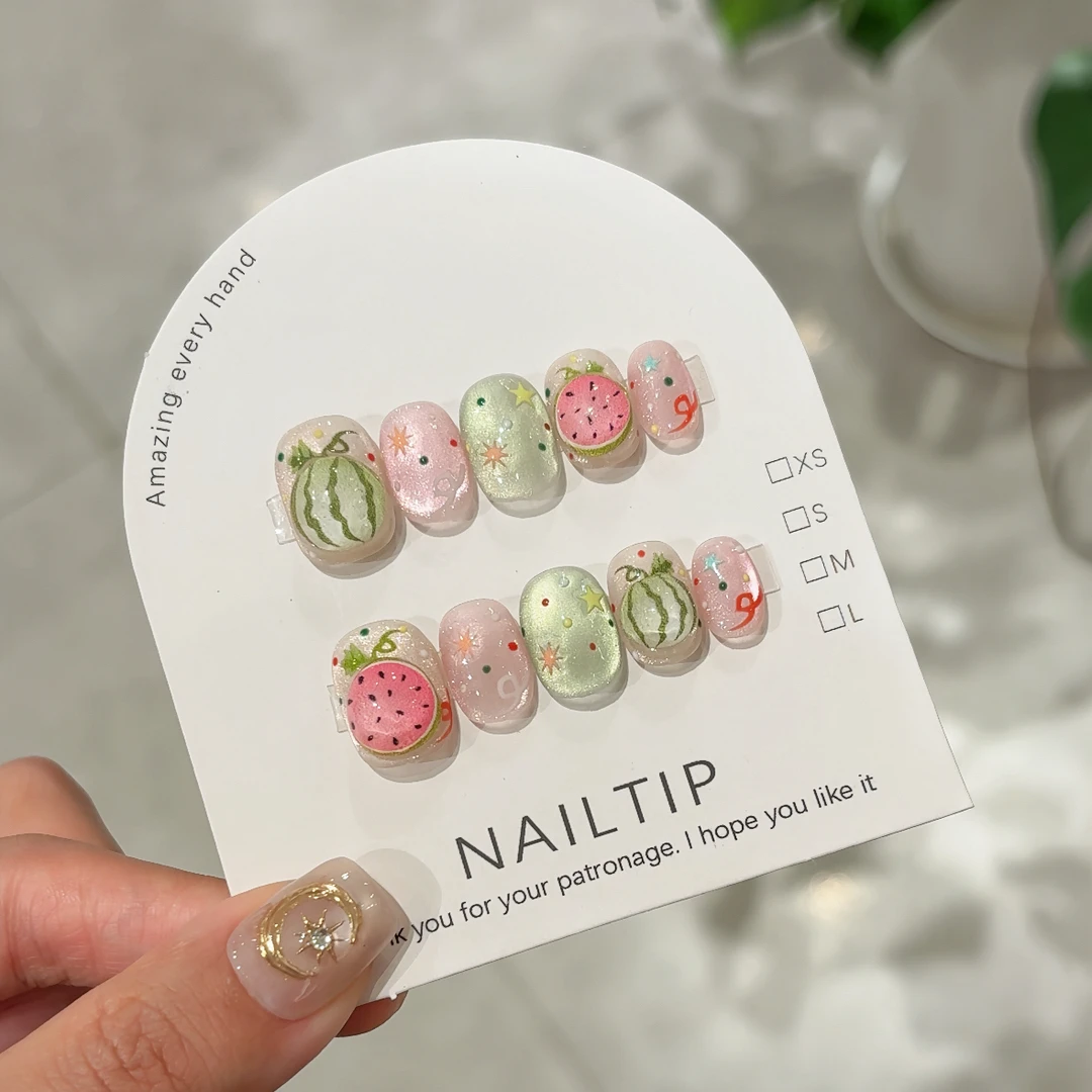 纯手工【粉西瓜】可爱立体短款猫眼彩色星星波点少女爆款穿戴甲