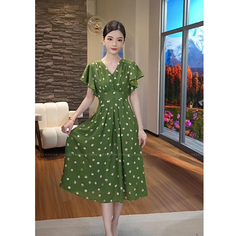 2026年夏季新款【QQ-1042】轻奢高级感显瘦绿色波点连衣裙子女