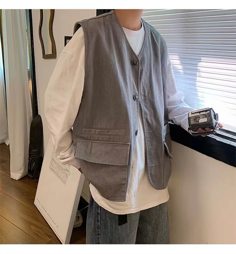 300斤大码男装宽松马甲潮流开衫外套港风复古坎肩百搭纯色马甲款
