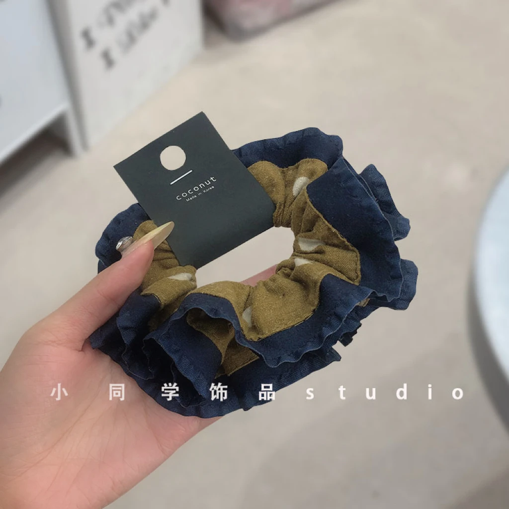 韩国原创设计发饰2025新款芥末黄藏青色棉麻波点小蛮腰发圈大肠圈