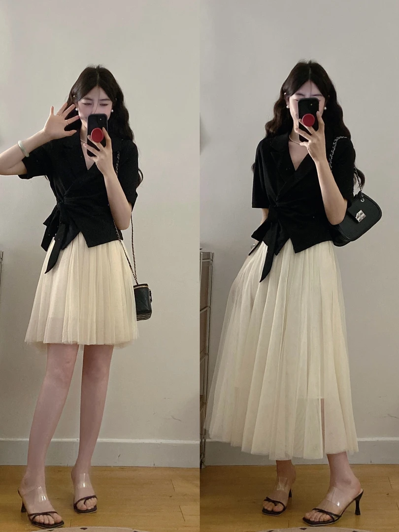 MO88ZSPF微胖秀场高定夏季新款小众设计感西装上衣+A字纱裙套装