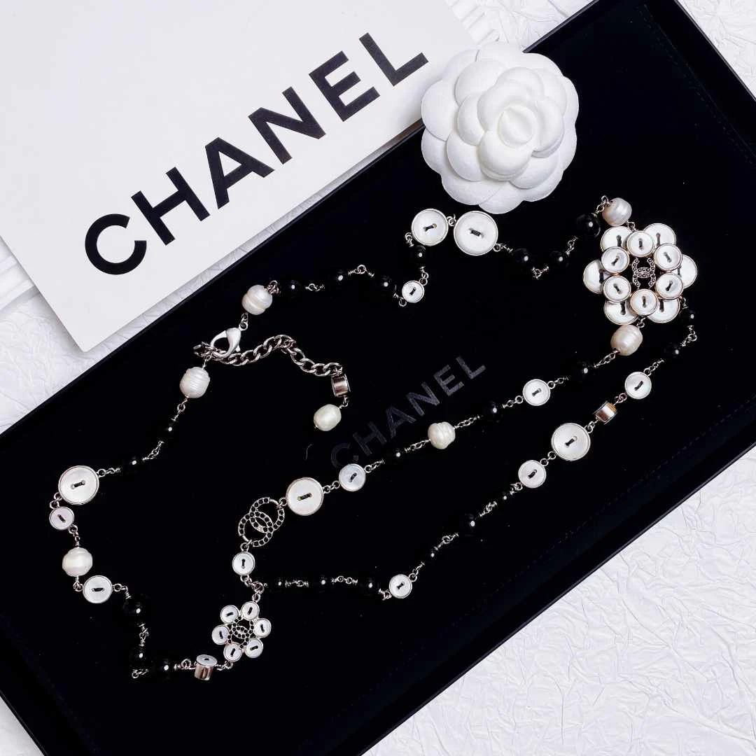 95新 Chanel/香奈儿 柚礼中古/香奈儿黑白珍珠花朵项链LZ501060