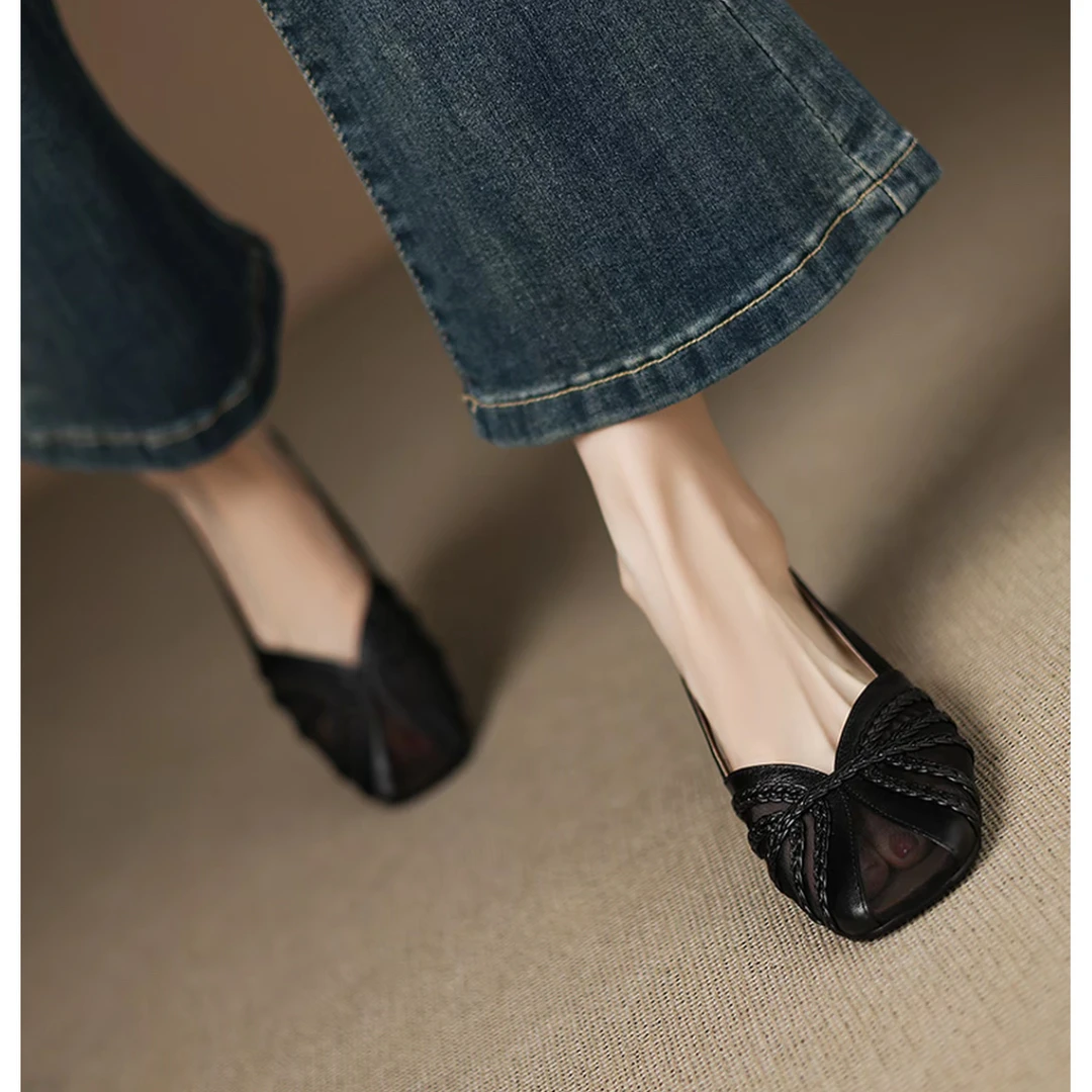 【【手工女鞋】2cm,夏季新款平跟凉鞋女真皮包头鞋镂空透气夏天单鞋】