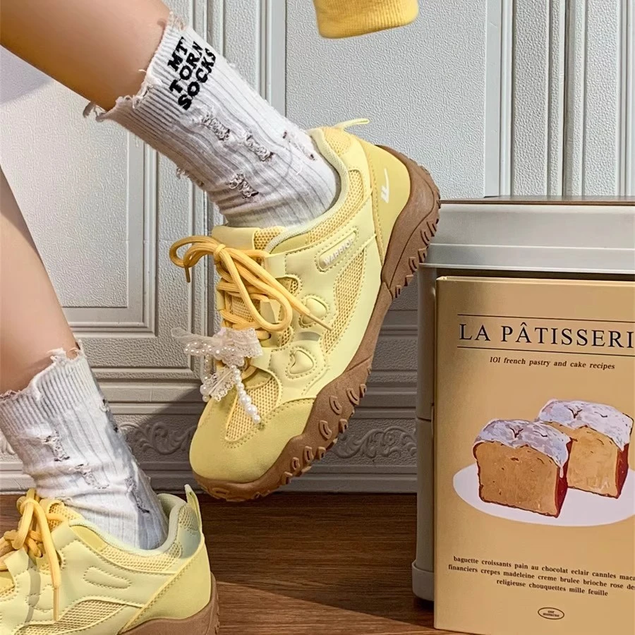 回力柠檬黄登山鞋女鞋2025新款夏季珍珠系带运动鞋多巴胺百搭鞋子