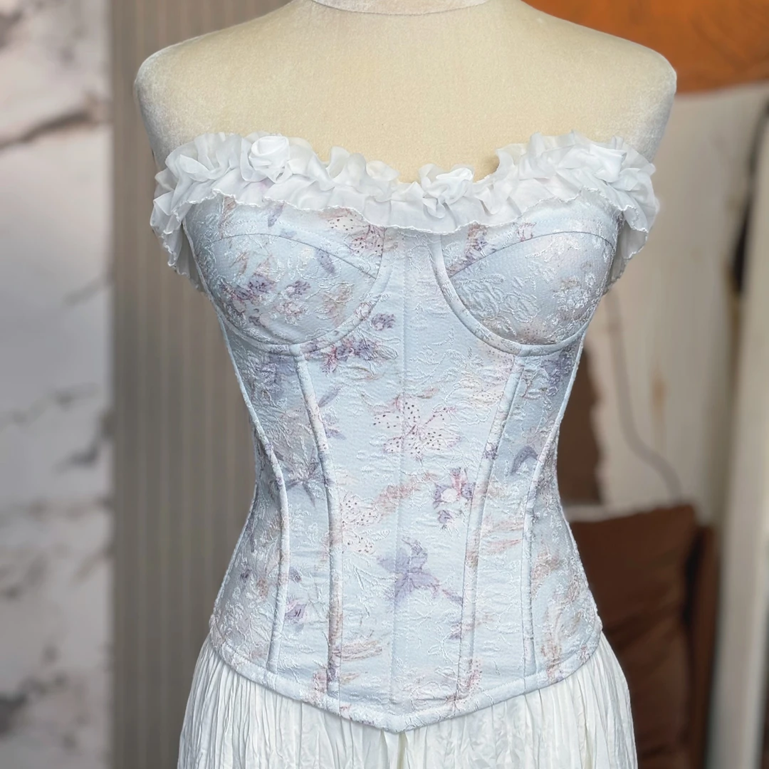 CORSELET2025春夏栀子花边天青色花卉提花收腰塑形泡泡袖鱼骨胸衣