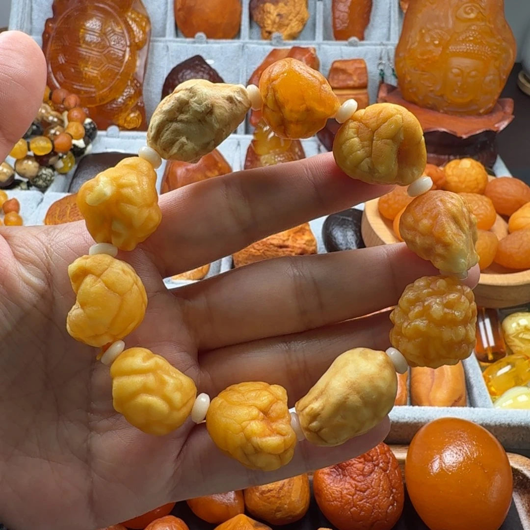 定制琥珀未镶嵌白蜡脑纹海漂手串