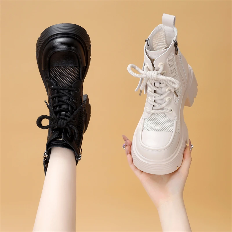 厚底马丁靴女2025年新款英伦风透气百搭网面短靴软底显瘦靴子A09#