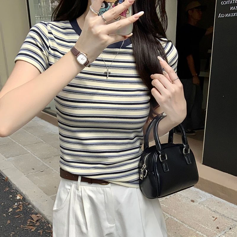 纯欲风辣妹夏季韩版圆领复古撞色条纹T恤气质修身百搭短袖上衣女